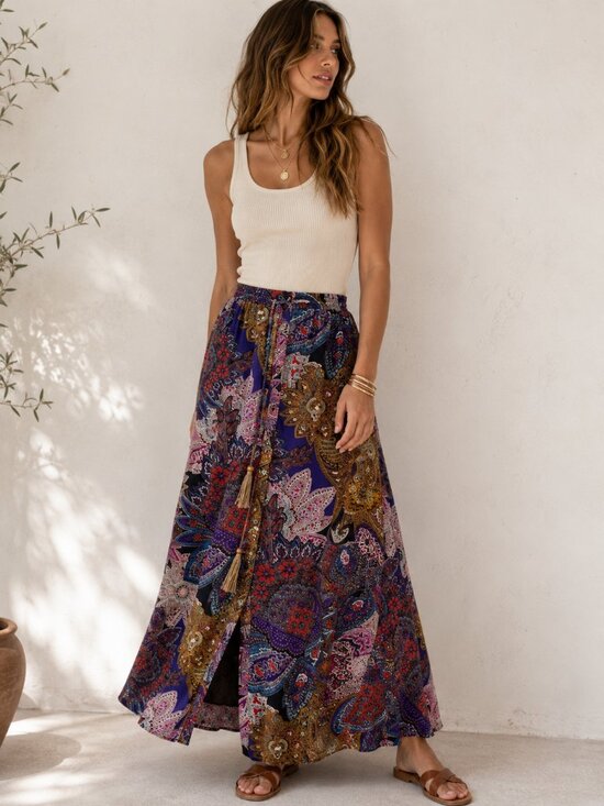 Vanessa Virginia Dresses & Skirts - Vanessa Virginia Anthropologie Boho Paisley Maxi Skirt Tassel Button Front Mediu